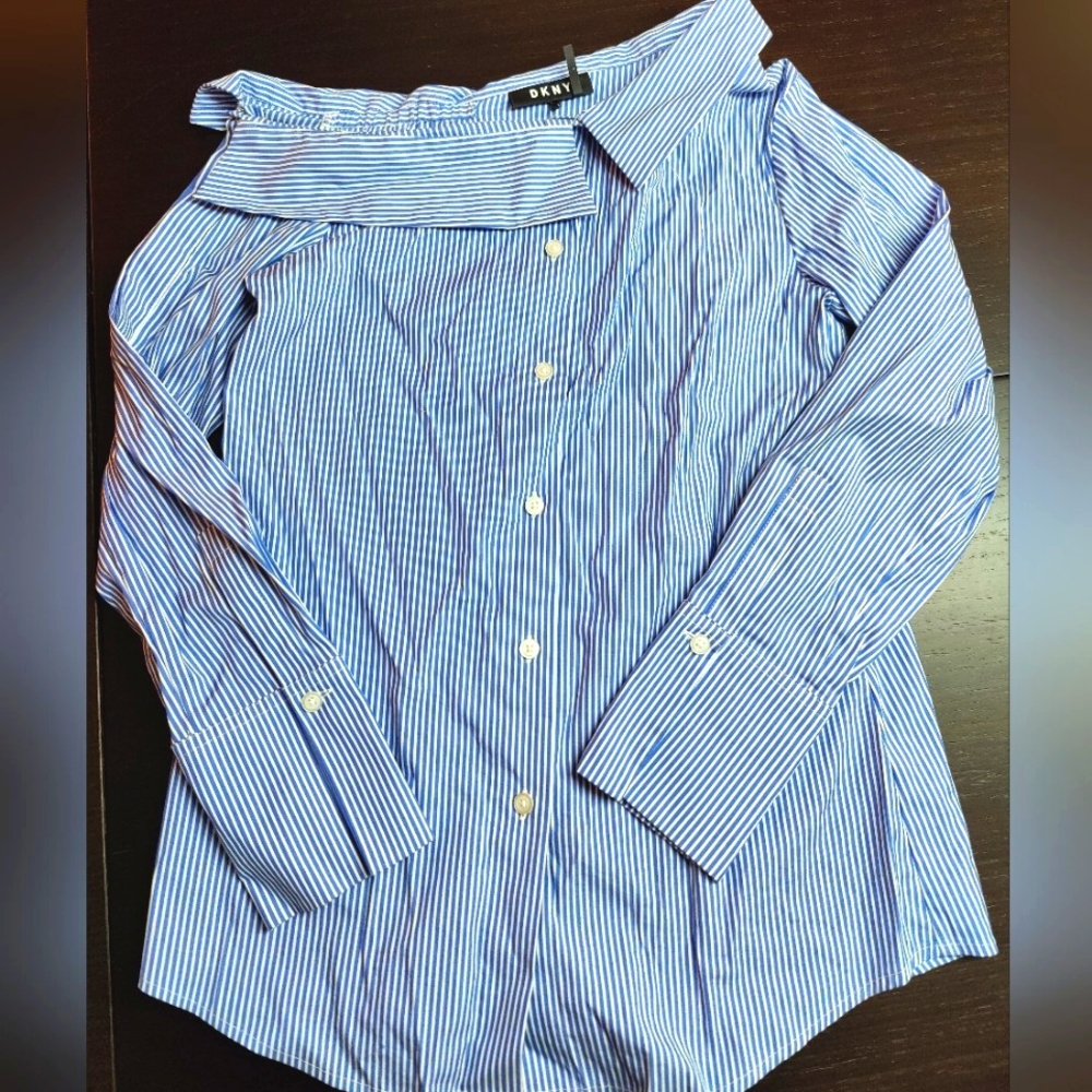 DKNY asymmetrical neckline stripe button down shirt. Size XS.